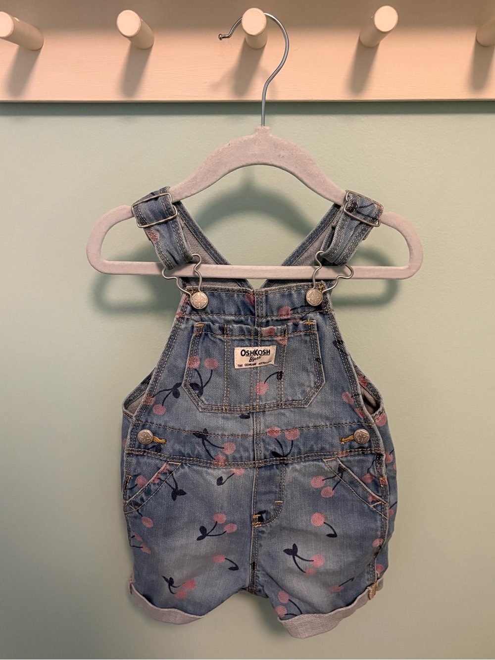 OshKosh B'gosh Light Blue Denim Short Overalls with Cherry Print